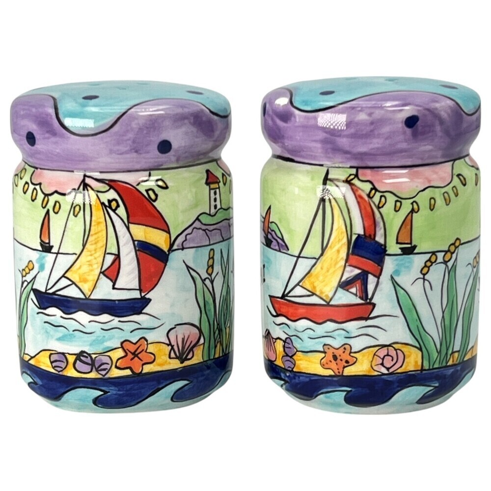 Tropical Caribbean Salt and Pepper Shakers Set Sailboat Lighthouse Hand Painted